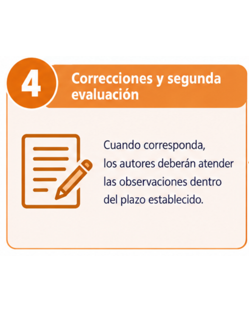 Correcciones y segunda evaluación. Cuando corresponda, los autores deberán atender las observaciones dentro del plazo establecido.