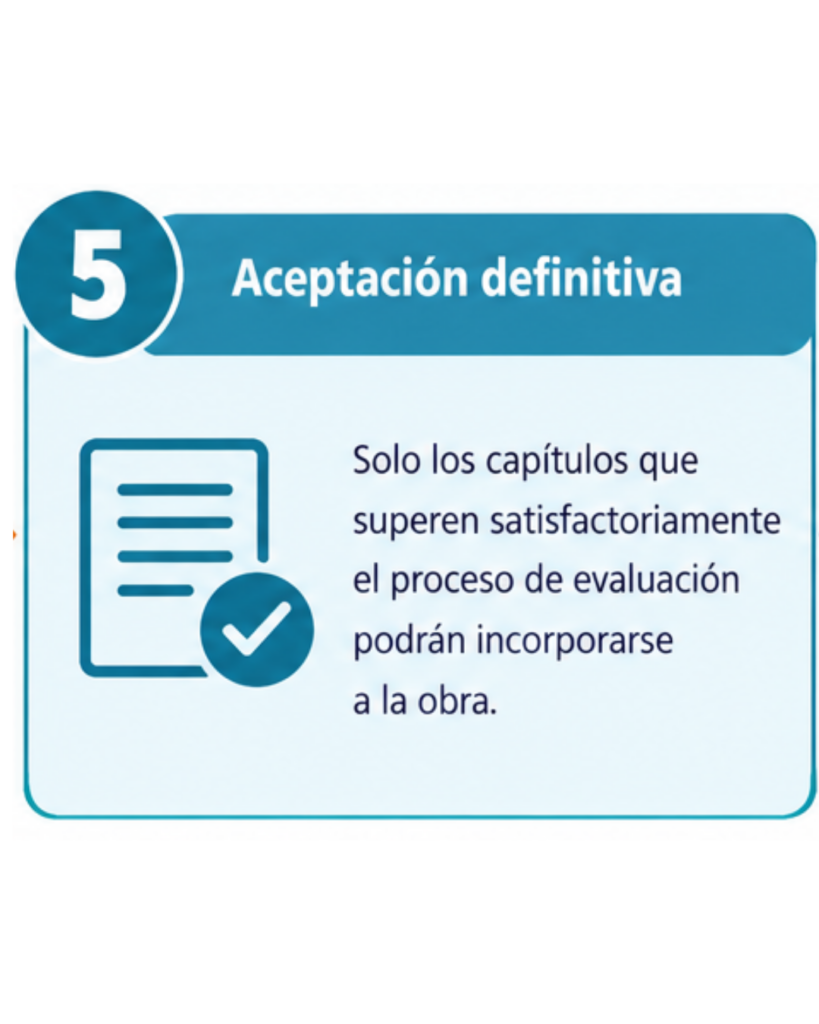 Aceptación definitiva. Solo los capítulos que superen satisfactoriamente el proceso de evaluación podrán incorporarse a la obra
